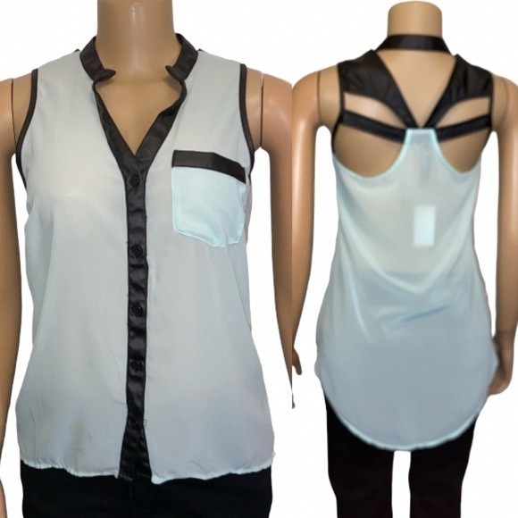 Dizzy Love Cut Out Top Sheer color block Mint Green/Black Sleeveless - Picture 1 of 12